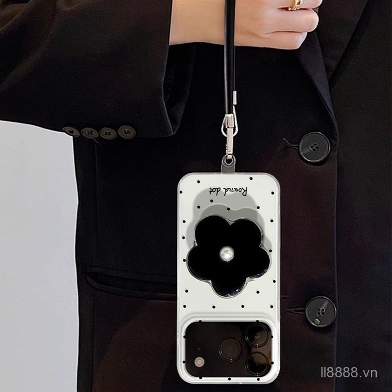 Ốp Điện Thoại Thích Hợp Cho iPhone 7 8 X XS XR XSMAX 11 12 13 14 15 16 17 Pro max Plus Air Star Zhao Silu Cùng Phong Cách Chấm Bi Hoa Đen Giá Đỡ Dây Xích Chống Sốc Vỏ Bảo Vệ Chống Sốc Ốp lưng trọn gói J9BC