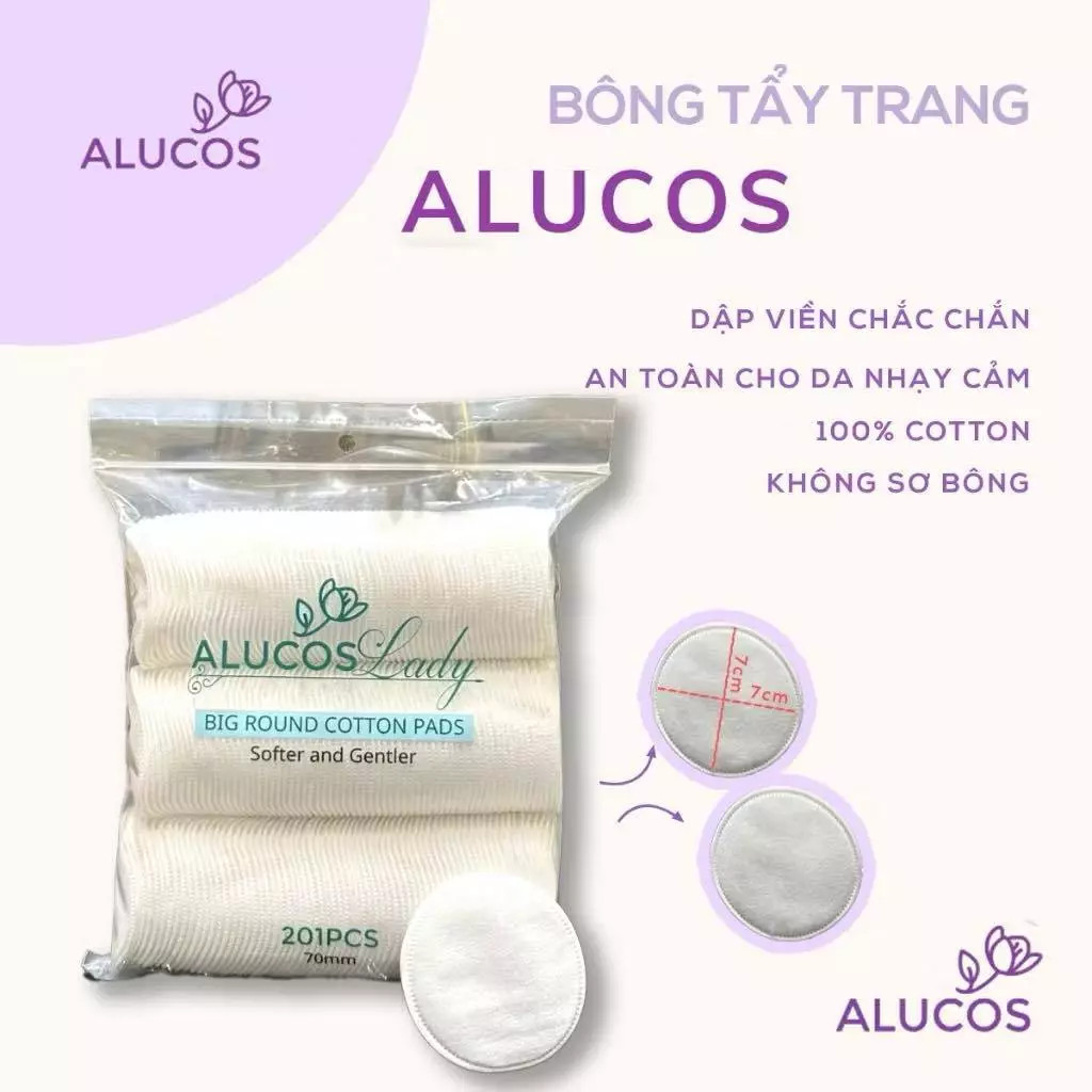 Bông Tẩy Trang Alucos Lady 201 Miếng Siêu Xịn, Mềm Mịn, Bông Tẩy Trang Cotton 100% Ép Viền Dịu Nhẹ Cho Da An Lành