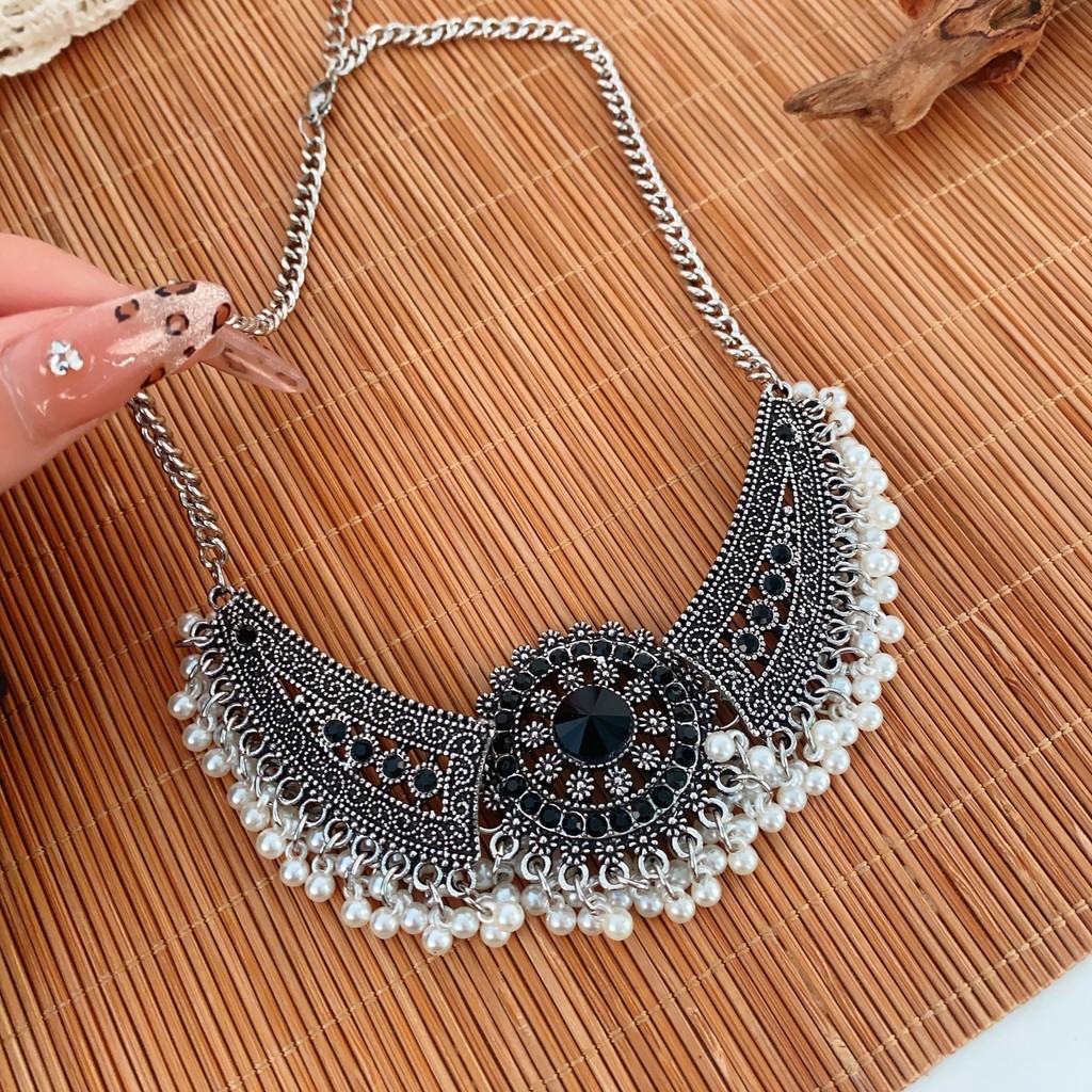 Bộ nhiều màu • Vòng cổ tua rua bạc Miao phong cách Trung Quốc mới + Bộ bông tai phong cách dân tộc cổ điển Dây chuyền xương đòn ngọc trai Thiết kế thích hợp Vòng cổ bé gái khí chất phù hợp