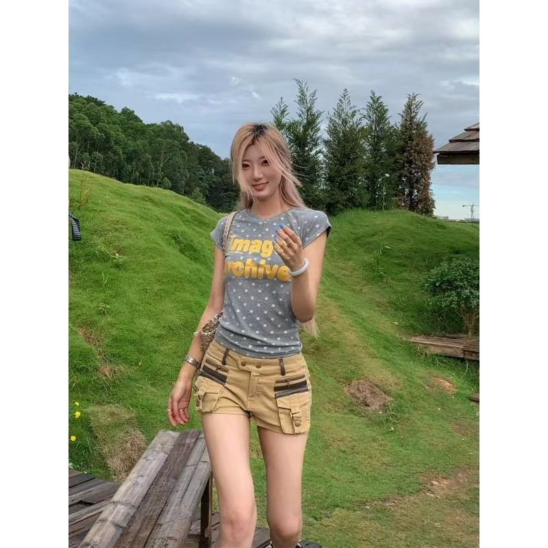 Milyfashion Slim-fit Slimmer Look Mùa Hè Phong Cách Mới Retro Chữ Ngôi Sao In Hình Ngắn Tay T Ngắn Top Bé tee Quần Áo Nữ