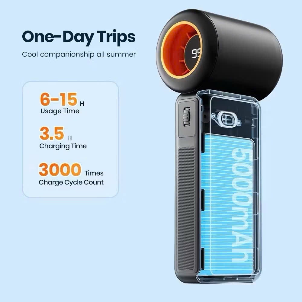 [Chính Hãng] Quạt Cầm Tay Mini Warmco Turbo Pin 3600/5000mAh - 100 Tốc Độ Gió, Động Cơ 15.000 Vòng/Phút, Màn Hình LED