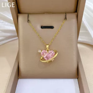 Vòng cổ nữ thép titan full kim cương, thiết kế trái tim rỗng, ánh sáng sang trọng, phù hợp xương đòn
