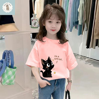 Áo thun đen cho bé gái in hình mèo mắt to, đơn giản và thời trang, thoáng khí và thân thiện với da, dễ phối đồ.