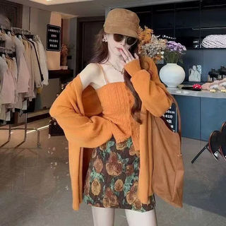 Bộ Áo len dệt kim kiểu hot girl, áo cardigan, chân váy ôm sát họa tiết hoa trẻ trung cho Nữ