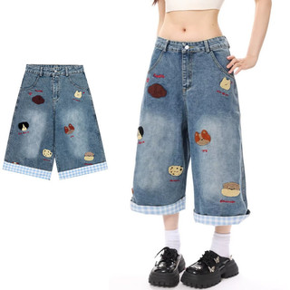 Quần short denim thêu hình chó con, phong cách Mỹ cổ điển, phù hợp mọi giới tính, chất lượng cao