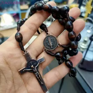 JUNYUE88US Vòng cổ Mân Côi thủ công, Treo xe trang trí Vòng cổ hạt gỗ gỗ, Phụ kiện trang sức Công giáo Màu nâu đậm Bền Công giáo đóng đinh Dây chuyền Kitô giáo