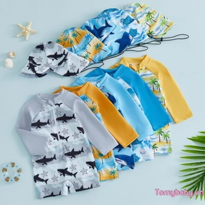 Đồ bơi Baby Boys Rash Guard Rùa / Cá mập / Cây dừa Đồ bơi có khóa kéo dài tay có mũ bơi