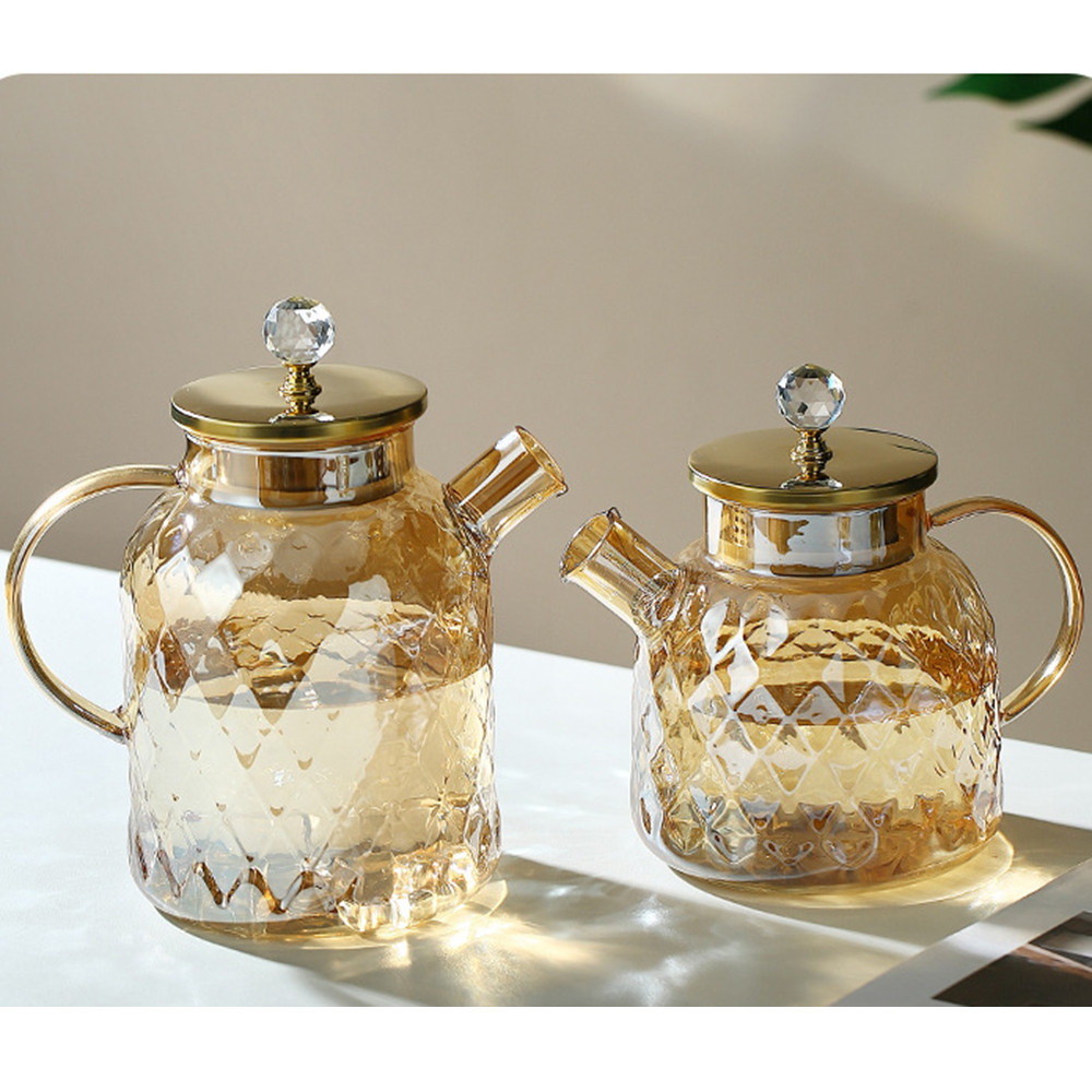 Ấm Trà Thủy Tinh Borosilicate Hổ Phách 1L / 1.8L - Chịu Nhiệt & Lạnh Có Nắp Lọc Cho Trà Trái Cây nở