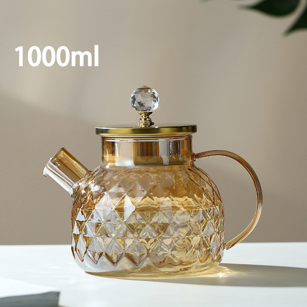 Ấm Trà Thủy Tinh Borosilicate Hổ Phách 1L / 1.8L - Chịu Nhiệt & Lạnh Có Nắp Lọc Cho Trà Trái Cây nở
