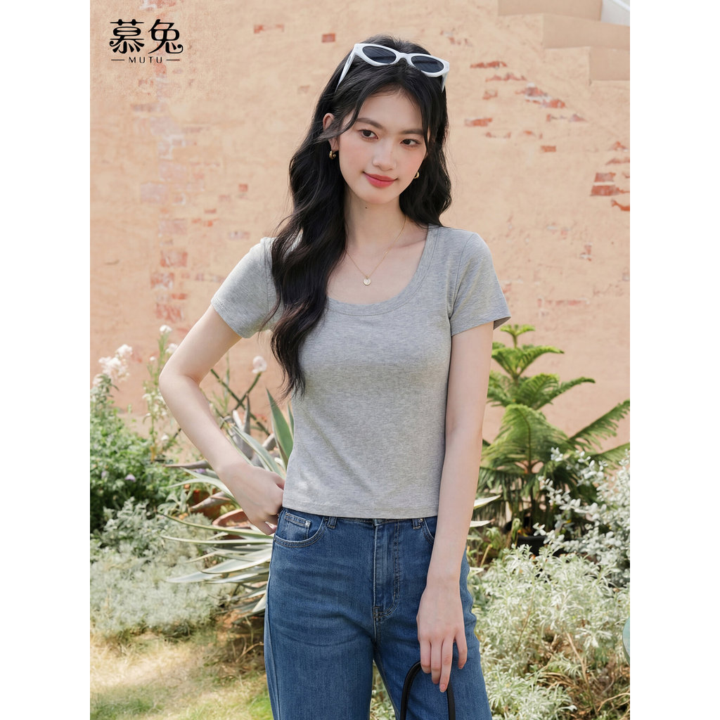 Mutu Áo Phông cổ chữ U phong cách Hàn Quốc, màu trơn tay ngắn, phù hợp mặc mùa hè