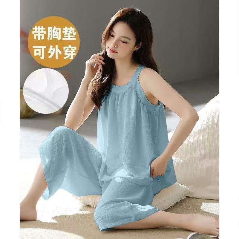 Bộ Đồ Ngủ Có Miếng Lót Ngực Mùa Hè Nữ Camisole Crop Quần Phù Hợp Với Không Tay Có Thể Mặc Bên Ngoài Nhà Quần Áo Thời Trang Đơn Giản
