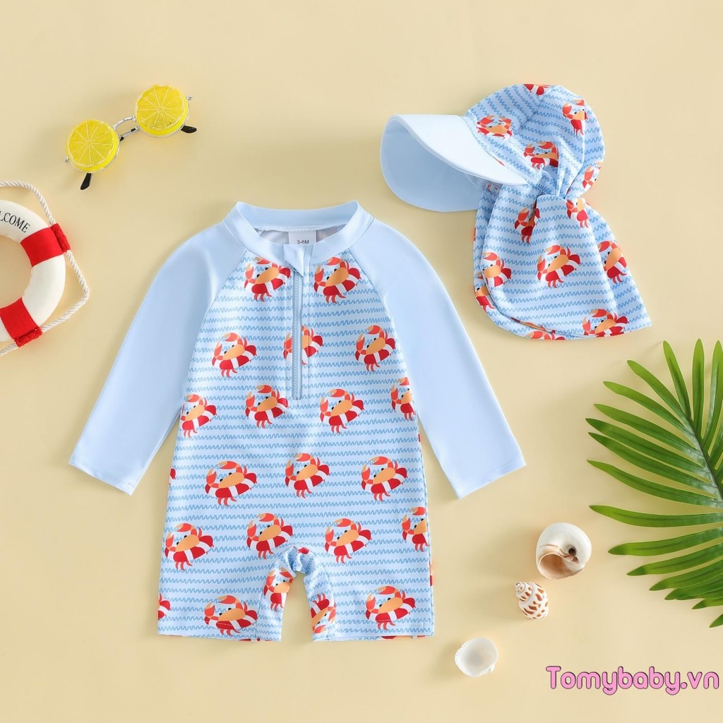 [lpDL] Đồ bơi bé trai Rash Guard Bộ đồ tắm dài tay in hình cua có mũ bơi