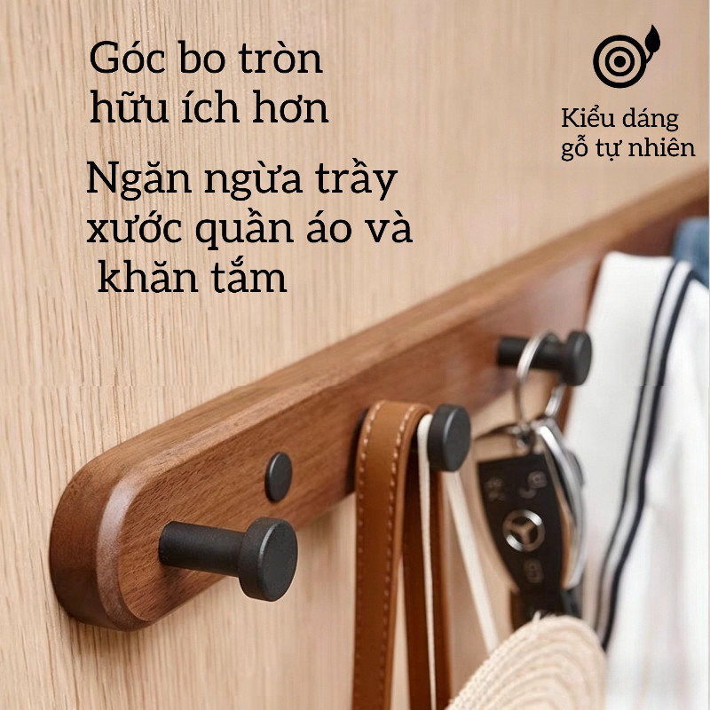 Móc Treo Đồ Gỗ Óc Chó Cao Cấp - Dán/Khoan 2 Cách, Chịu Lực Siêu Dính, Treo Áo Mũ, Dùng Phòng Tắm & Bếp