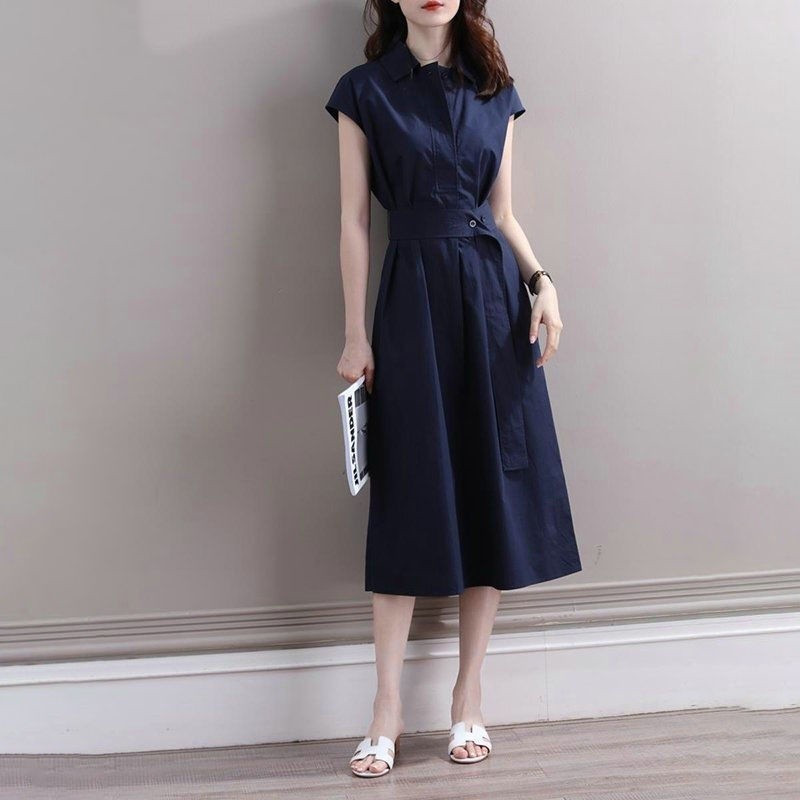 Đầm chữ A midi màu xanh navy dành cho nữ, phù hợp làm việc hàng ngày