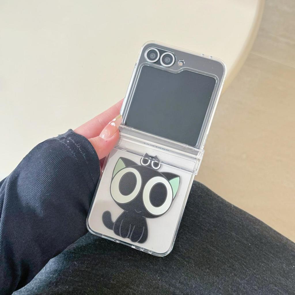 Phim Hoạt Hình Mèo Đen Dễ Thương Giá Đỡ Ốp Lưng Điện Thoại Thích Hợp Cho Samsung Galaxy ZFlip7 zflip6 Dây Gấp Vỏ Cứng Cho Z Flip 7 6 5 4 3 5G Vỏ Bảo Vệ