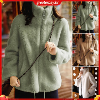 (Em Estoque) Áo khoác lông cừu hai mặt polyester sherpa, ấm áp với túi và khóa kéo hoàn toàn, phù hợp cho mùa thu đông.