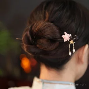 Màu hồng hoa đào tua đàn hương Trâm cài tóc kiểu Trung Quốc cổ điển khí chất tươi mát hoa sen sườn xám phụ kiện hàng ngày Pan đầu tóc trang trí