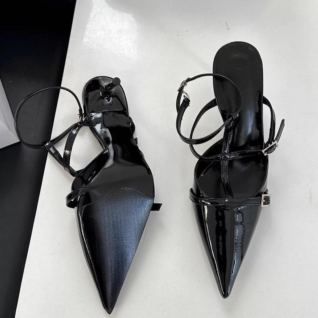 TT Châu Âu Mỹ Mũi Nhọn Giày Sandal Nữ Khóa Phẳng Bằng Sáng Chế Da Cao Gót Sang Trọng Giày Đơn