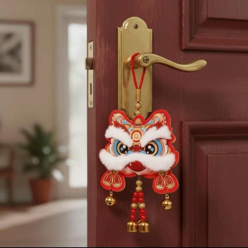 [Tết 2026] Liễn Khánh Hình Đầu Lân Lắc Chuông Ép Nhung Cao Cấp Treo Cửa, Trang Trí Xe Hơi Treo Tường Phủ Nhung Kim Tuyến