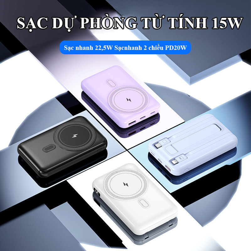 Pin Sạc Dự Phòng Không Dây 10000mAh Tích Hợp 2 Dây Sạc Nhanh Nam Châm Hít Chắc Chắn Tiện Lợi