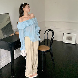 Áo sơ mi xếp ly cổ phẳng xù màu xanh kiểu Pháp xù kiểu dáng mỏng dáng rộng khí chất phù hợp với mọi trận đấu hàng ngày cho bé gái xuân thu mới hàng đầu hợp thời trang