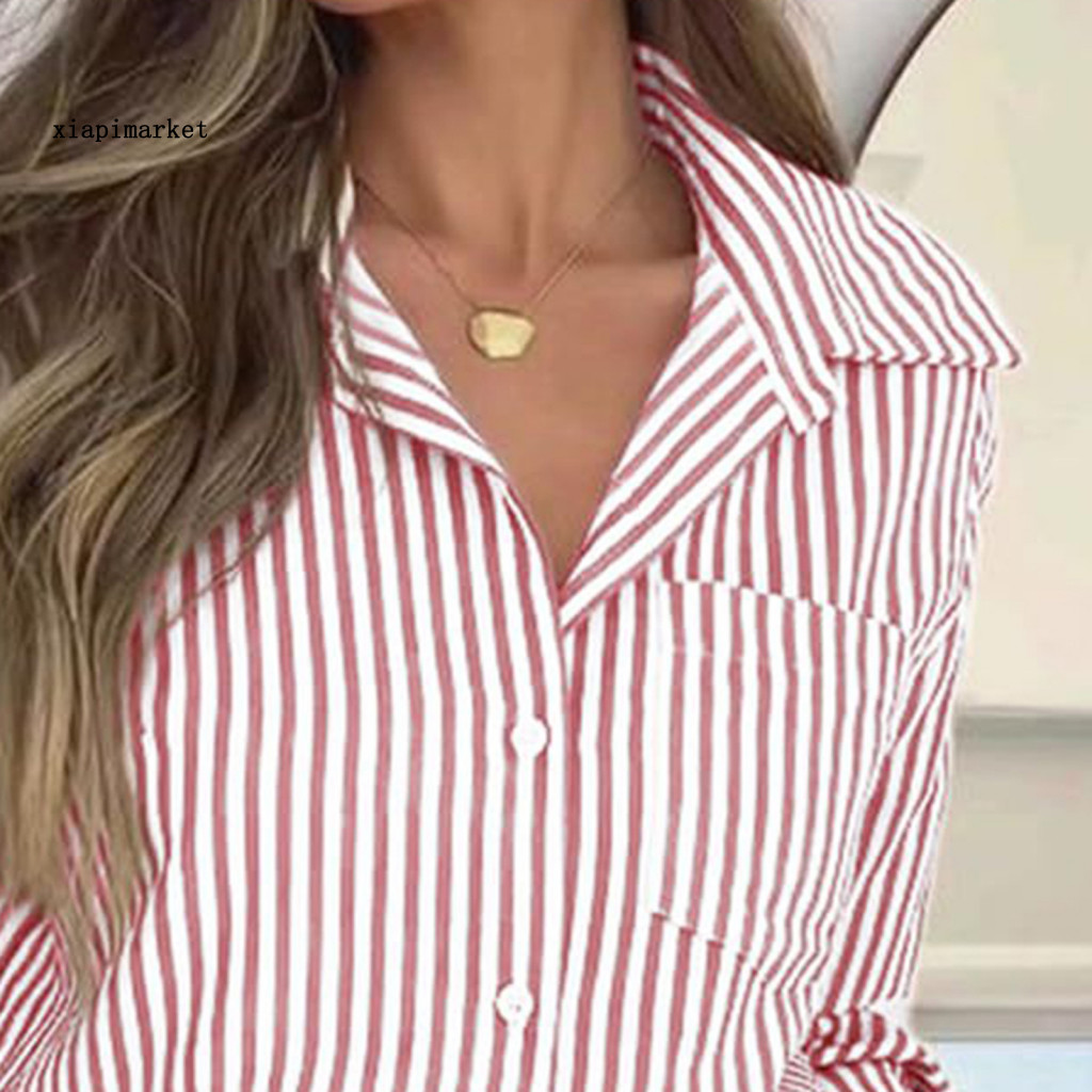 Áo sơ mi nữ công sở, thiết kế sọc có cổ và nút cài, phù hợp mặc hàng ngày