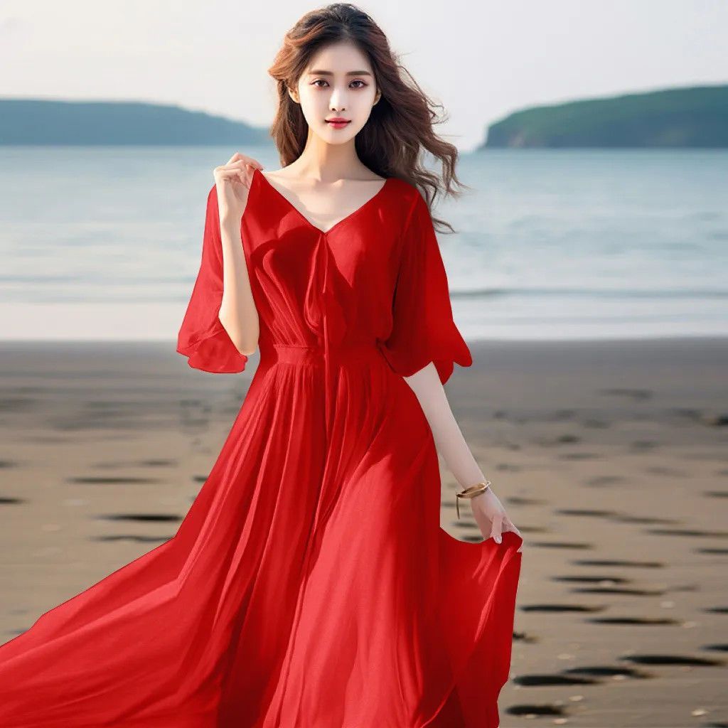 Váy nữ mùa hè mới, váy dài voan, tôn dáng và thon gọn, váy xòe rộng, váy đi biển.