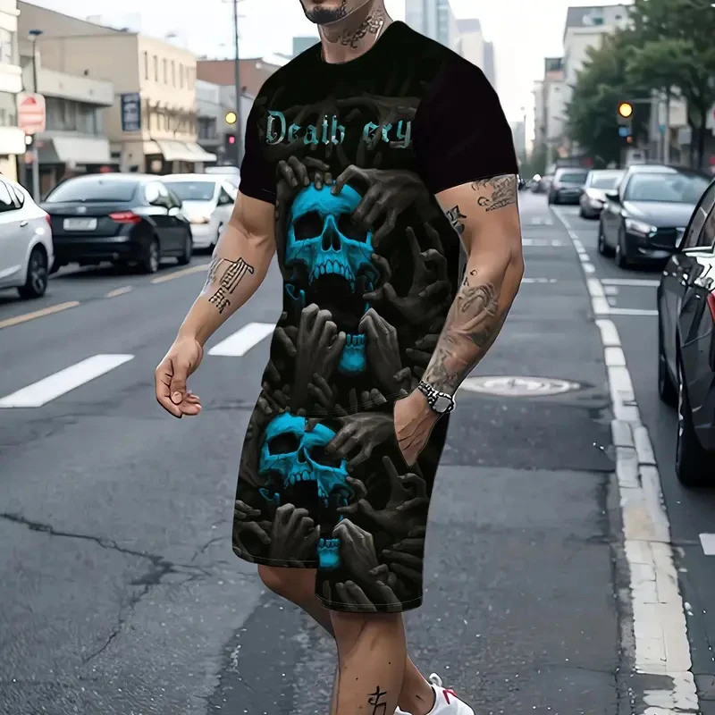 Bộ áo thun và quần short thể thao in hình đầu lâu 3D dành cho nam mùa hè