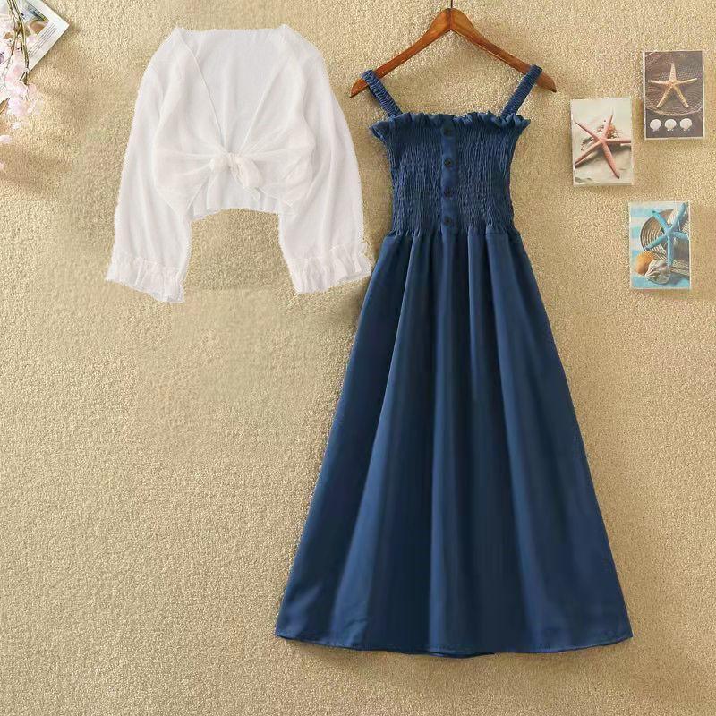 Thời Trang Mùa Hè 2026 Mỡ mm Pháp Niche Retro Cao Cấp Ôm Hơn Nhìn Sling Váy Dài + Khăn choàng voan Chống Nắng Quần Áo Bộ Hai Mảnh