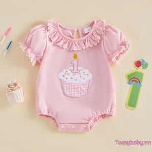 Áo liền quần sinh nhật bé gái mùa hè Puff tay ngắn thêu bánh dễ thương Ruffle Trim Trang trí Jumpsuit