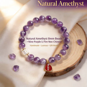 Vòng tay thạch anh tím Unisex - Nine Purple Li Fire Neo-Trung Quốc 8mm Tự nhiên - Handmade w / Crystal Gold Peace Charm - Quà tặng dịp