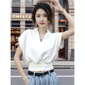 Áo sơ mi nữ cổ chữ V kiểu Pháp, phong cách mới mùa hè, dáng ôm thời trang, màu trắng