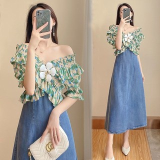 Váy denim dáng ôm, cổ trễ vai, eo cao, dáng chữ A, mỏng nhẹ, phong cách vintage mùa hè cho Nữ