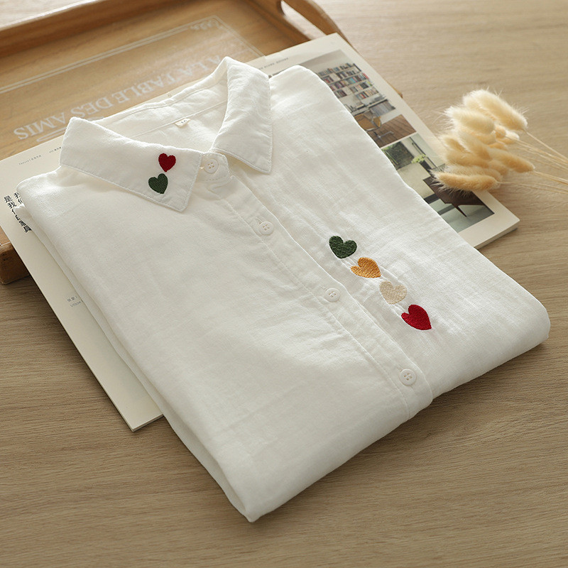 Sợi cotton áo sơ mi nữ cao cấp năm 2026, thiết kế hình trái tim thêu tay dài, phù hợp mọi kích thước