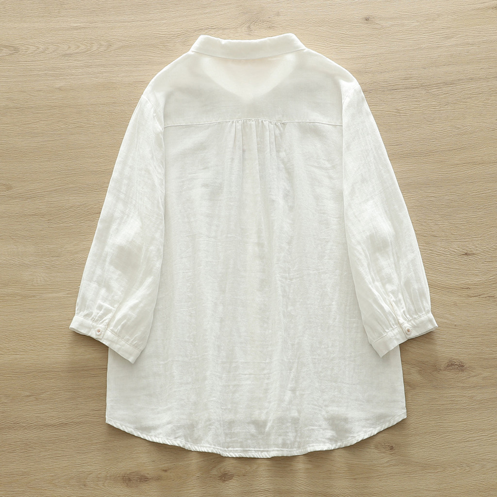 Áo sơ mi nữ dáng rộng chất liệu cotton trắng, họa tiết thêu hoạt hình bé gái, phong cách Nhật Bản