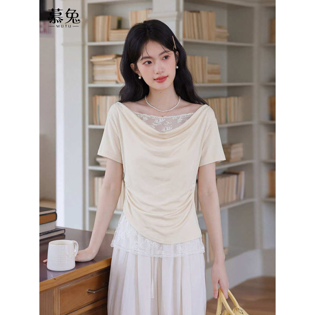 Áo Thun Nữ Cổ Xoay Tay Ngắn, Thiết Kế Sang Trọng với Chi Tiết Ren Khâu