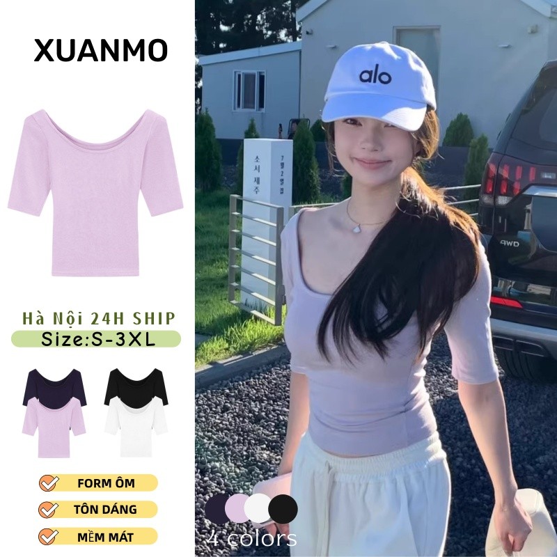 XUANMO Áo thun nữ cổ chữ U tay lỡ, chất vải mềm mát, dáng slim-fit ôm nhẹ, màu tím nhạt, áo phông nữ trễ vai thanh lịch – Hàng mới