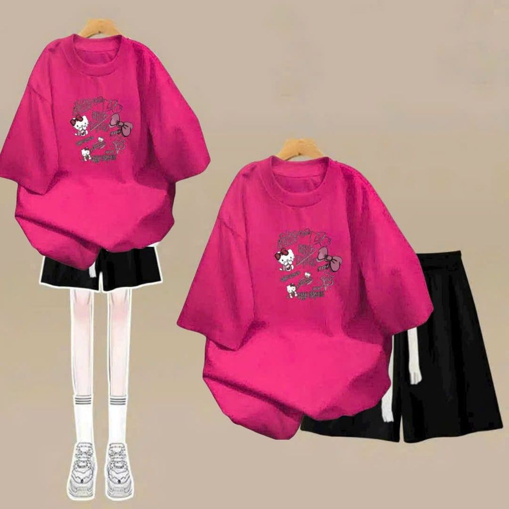 sét bộ quần đùi cộc dây to trơn+mix áo phông form rộng in hình mèo cute-SHOP THỜI TRANG THU BIO