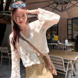Áo cardigan dệt kim tay dài cổ chữ V khoét lỗ thời trang dành cho nữ, áo cardigan ngắn móc len.