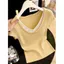Áo len ngắn tay thêu màu vàng kiểu Pháp, phù hợp mùa hè, form slim-fit