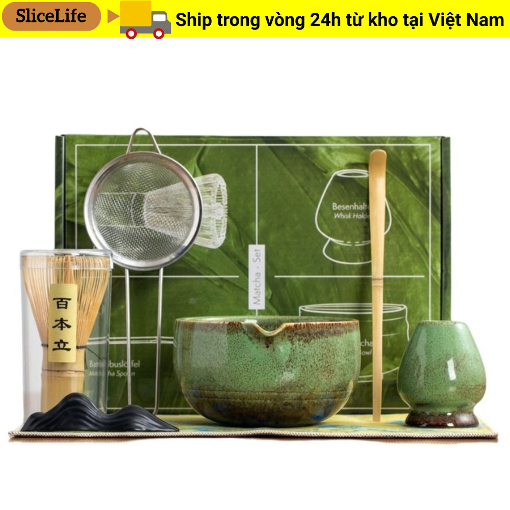 Bộ trà Matcha 7 món SLICELIFE, Máy đánh trứng Matcha truyền thống Nhật Bản bằng gốm tre, Bàn chải khuấy có thể tái sử dụng Dụng cụ làm trà