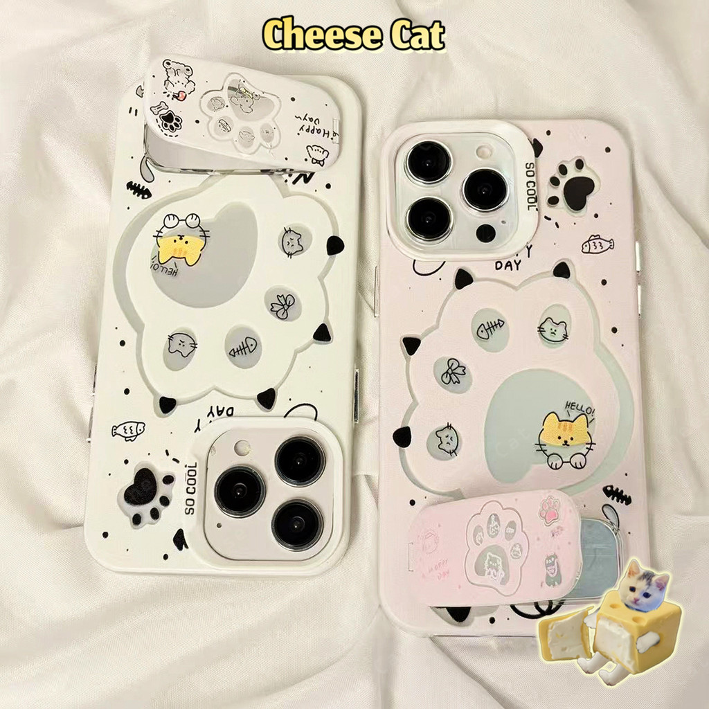 Móng Vuốt Mèo Trắng Hồng Cho iPhone 13 14 15 12 11 16 17 Pro Max 16E Xs Max XR 7Plus Vỏ Điện Thoại Có Chân Đế Gương
