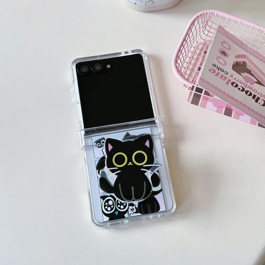 Phim Hoạt Hình Mèo Đen Dễ Thương Giá Đỡ Ốp Lưng Điện Thoại Thích Hợp Cho Samsung Galaxy ZFlip7 zflip6 Dây Gấp Vỏ Cứng Cho Z Flip 7 6 5 4 3 5G Vỏ Bảo Vệ