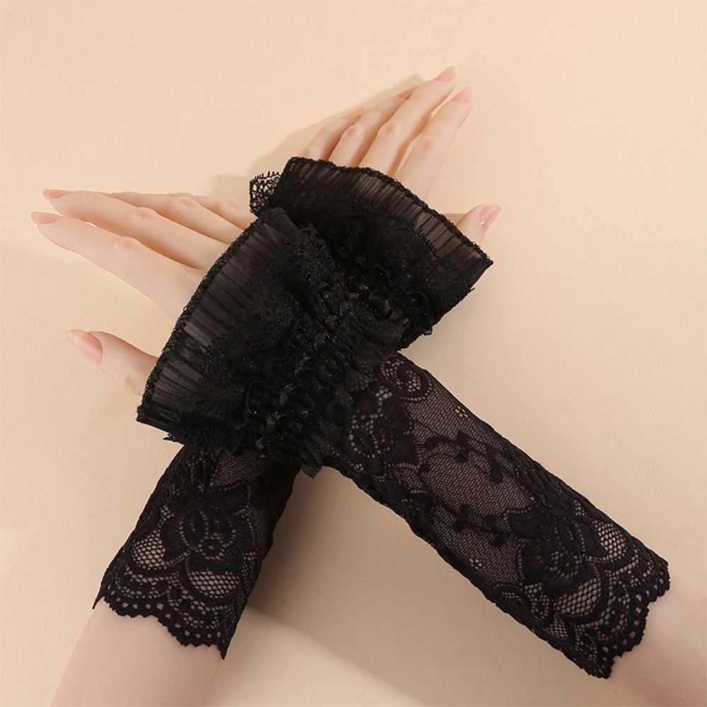 MERIGGIARE Ren Cuff, Dài Với Ruffles Tay Áo Vòng Tay, Thời Trang Thêu Trắng Đen Giả Cuff Nữ