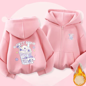Trẻ em Kuromi Zip Up Áo khoác Hoodie in hình hoạt hình Áo nỉ có mũ trùm đầu lông cừu ấm áp để mặc hàng ngày