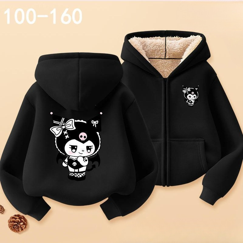 Áo Hoodie có dây buộc lông cừu Kuromi có mũ trùm đầu hoạt hình dễ thương Áo khoác thông thường ấm áp