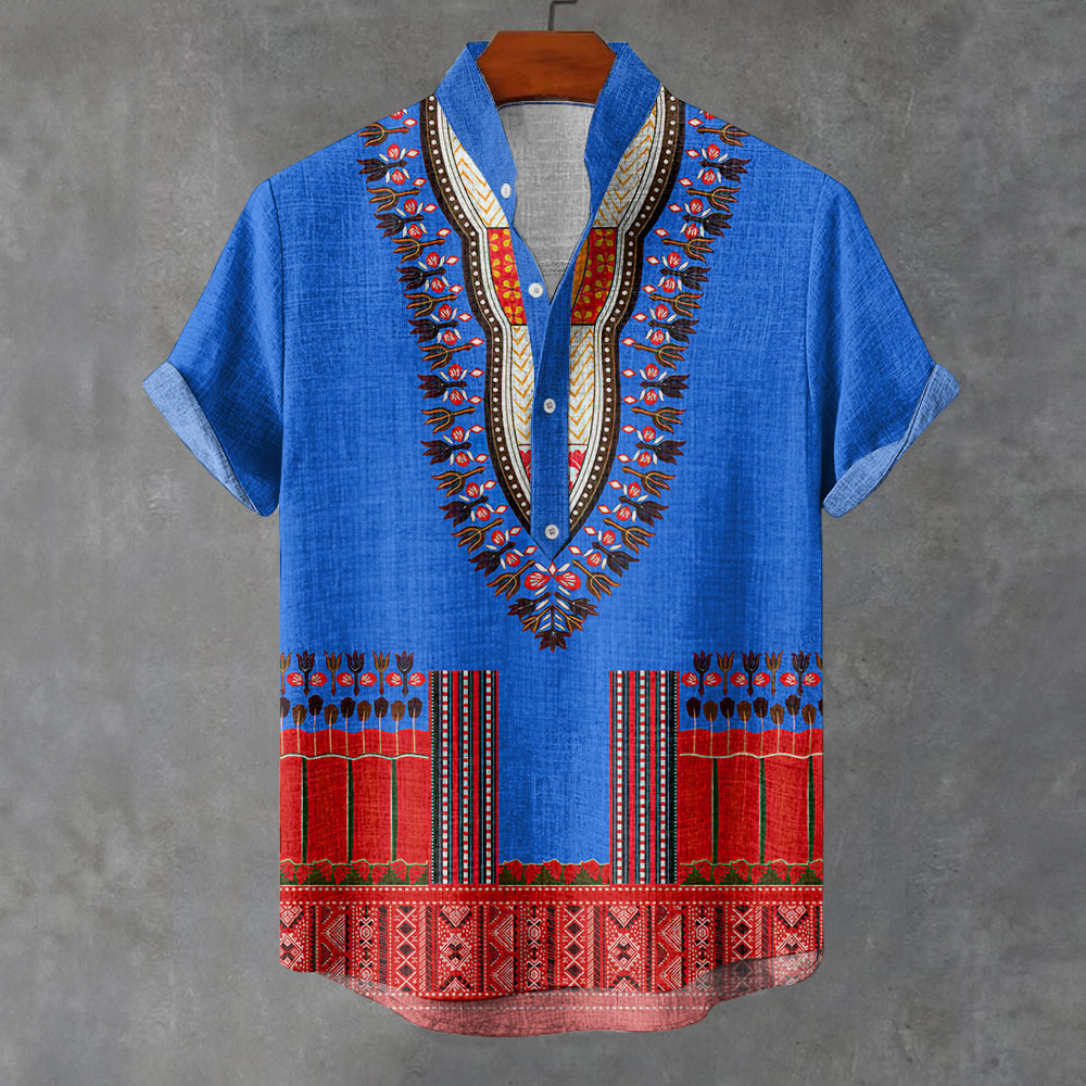 Áo sơ mi nam phong cách dân tộc, tay ngắn, họa tiết vintage oversize, phù hợp dạo phố