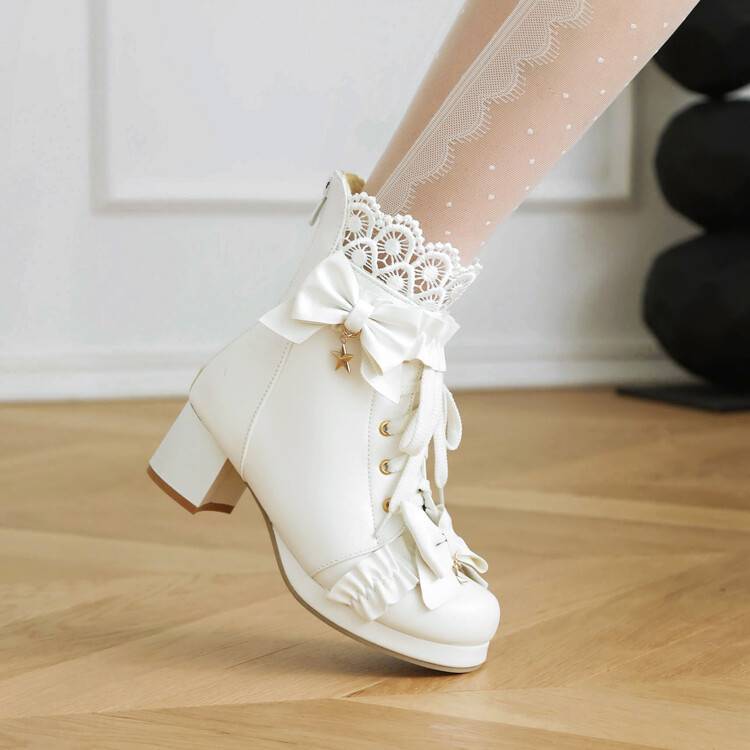 VNGT34-43 Kích Thước Lớn Ren Màu Sắc Phù Hợp Với Ngón Chân Tròn Dày Gót Chân Ngắn Ống Giày Bốt Thời Trang Gothic cos Dây Lưng Mặt Trước Chéo Ren Nơ