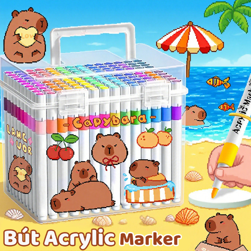Bút Màu Acrylic Marker Ngòi Lông Mềm 12/24/36/48/60 Màu – Không Thấm Nước, Vẽ Đa Nền, Phù Hợp Học Sinh