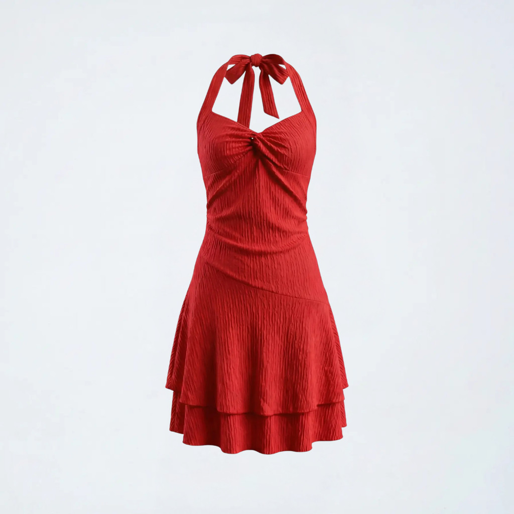 Đầm mini đỏ hở lưng gợi cảm với dây buộc cổ, gấu đầm xếp ly và hai lớp,